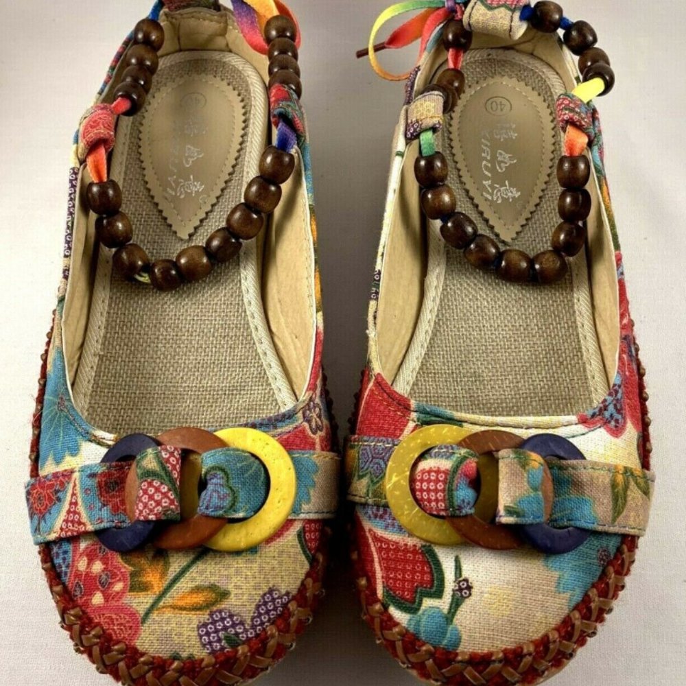 XIRUY WOMEN’S FLORAL FABRIC BEADED BALLET FLATS